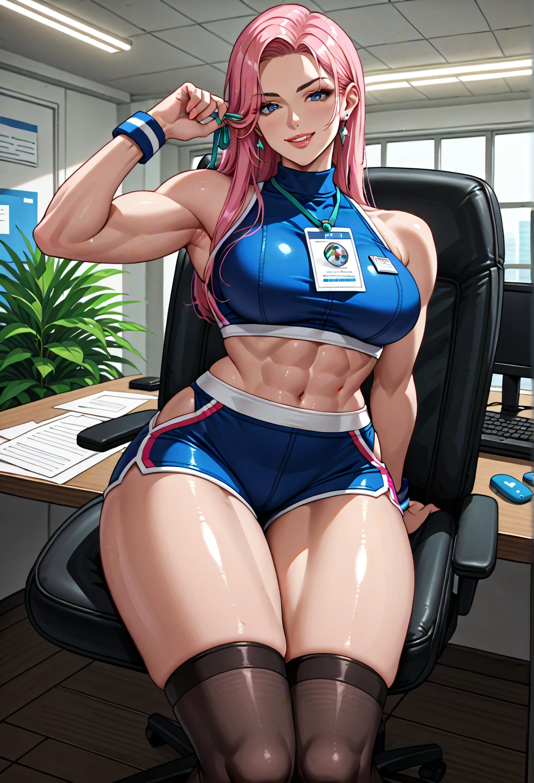 ((masterpiece, highest quality, Highest image quality, High resolution, Raw photo, Extremely detailed CG unified 8k wallpaper)), 1girl, solo, beautiful young woman, 20yo, pink hair, nice skin texture, shiny skin, office, black thighhighs, garter straps, buruma, turtleneck, id card, lanyard, sleeveless, perfect body, natural huge breasts, smug look, fit toned body, wide curvy hips. big ass, big toned biceps, sports bra, tight shorts, sitting on office chair, infront of desktop pc, 