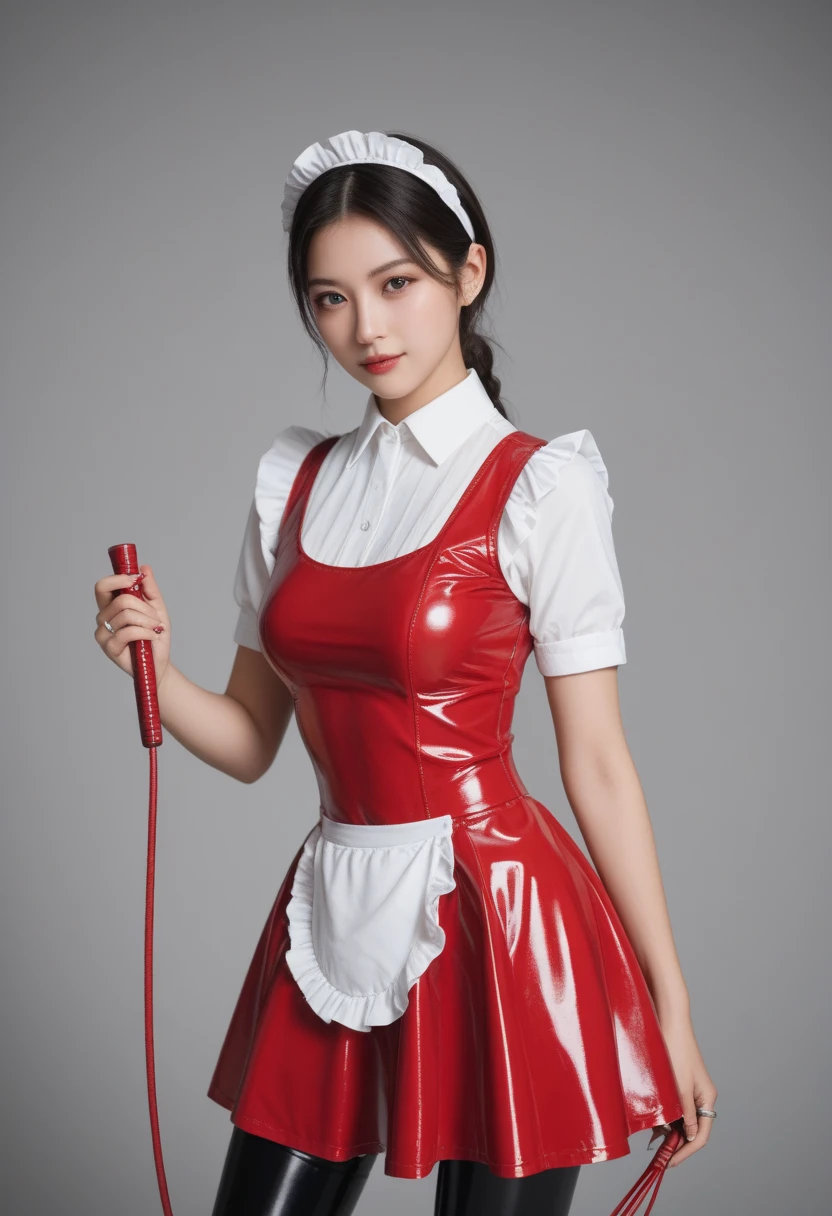 ( top quality )), (( masterpiece fails)), ( in detail),  sexy,25+,Japanese,evil,The girl is cute,  model-looking whip in his hands, latex maid costume ,  maid headband , long latex skirt , long latex shirt ,red latex apron, latex tight boots ,covers the whole body, full height,a whip rolled up in a ring is holding in his hands,