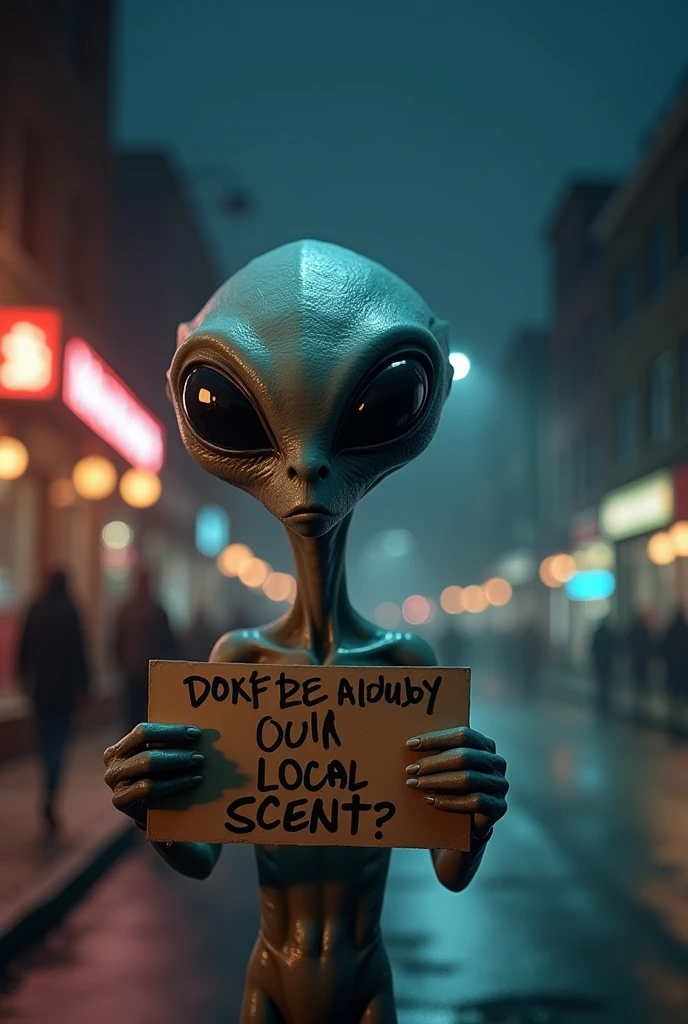 A hyper-realistic 4k alien,holding a sign that with the words "I am fake" written on it, with large detailed sad expressive eyes, highly detailed, cinematic lighting, volumetric fog, dramatic composition, photorealistic, intricate details, vibrant colors, seamless blending, masterpiece