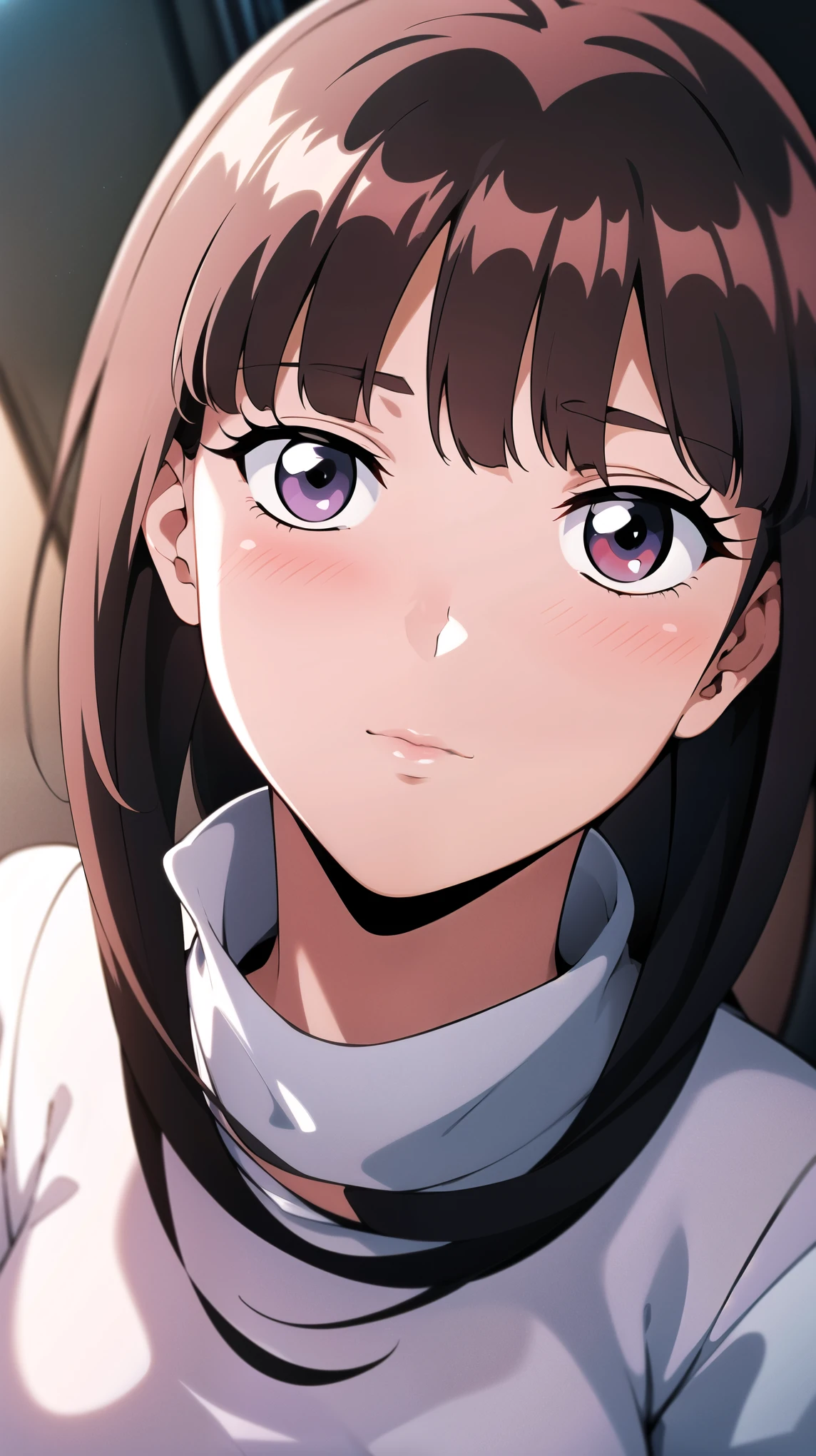 full body, portrait, school uniform, red tie, white shirt, blue sweater vest, pleated skirt, hair clip, hair ornament, red eyes:1.5, red pupils:1.5, red lips:1.2, bangs, brunette hair, black hair, long hair,1 girl, 18yo, young female, cute, blush, slim body, curvy body, beautiful finger, Beautiful long legs, Beautiful body, Beautiful Nose, Beautiful character design, perfect eyes, perfect face, expressive eyes, perfect balance, looking at viewer,(Focus on her face),closed mouth, (innocent big eyes:1.0),(Light Smile:0.3),official art, extremely detailed CG unity 8k wallpaper, perfect lighting, Colorful, Bright Front face Lighting, White skin,(masterpiece:1.0),(best quality:1.0), ultra high res,4K,ultra-detailed,photography, 8K, HDR, high-res, absurdres:1.2, Kodak portra 400, film grain, blurry background, bokeh:1.2, lens flare, (vibrant color:1.2),professional photograph,(Beautiful, big breasts:1.0), (beautiful face:1.5),(narrow waist),