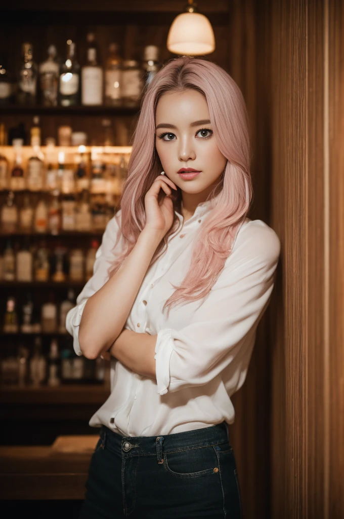 (8K, highest quality, masterpiece:1.2), upper body, solitude, one young girl, silky smooth skin, whiskey one the rock, Jazz bar, wooden bar, portrait, long hair, white and pink hair,