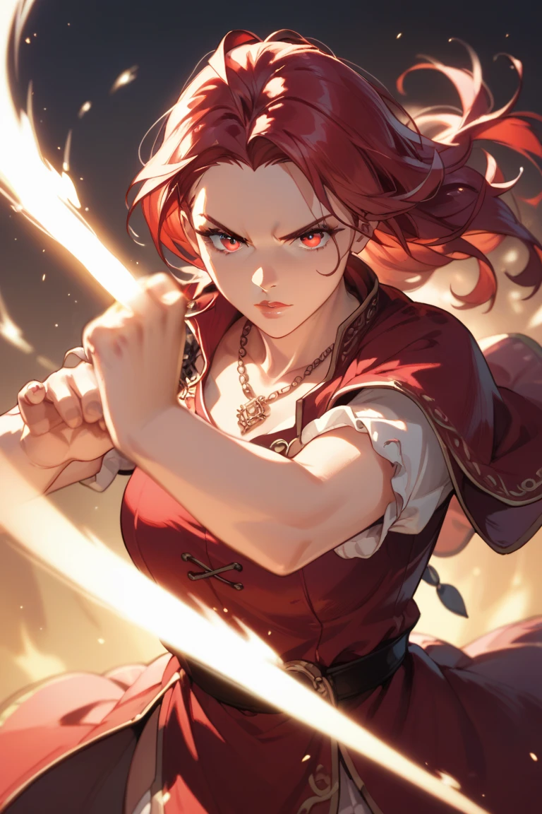 woman long rich red hair, tunic, glowing beams of light extending from hands, fighting stance, necklace