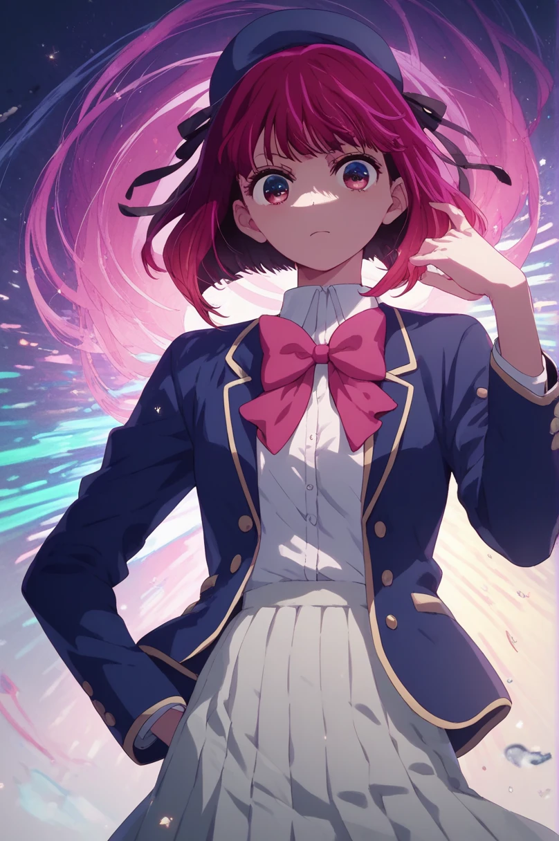 ana Arima, a vibrant anime-style female character with short, vivid dark pink hair transitioning to a bright light pink gradient at the tips. She is depicted wearing a stylish school uniform with vivid and lively colors: a deep navy blue blazer with shiny golden accents, a crisp white shirt underneath, and a vibrant dark pink bowtie. Her skirt is a bright light gray, flowing with a lightweight fabric that reflects light beautifully. She wears an elegant black beret complemented by a neatly tied black ribbon at the back.