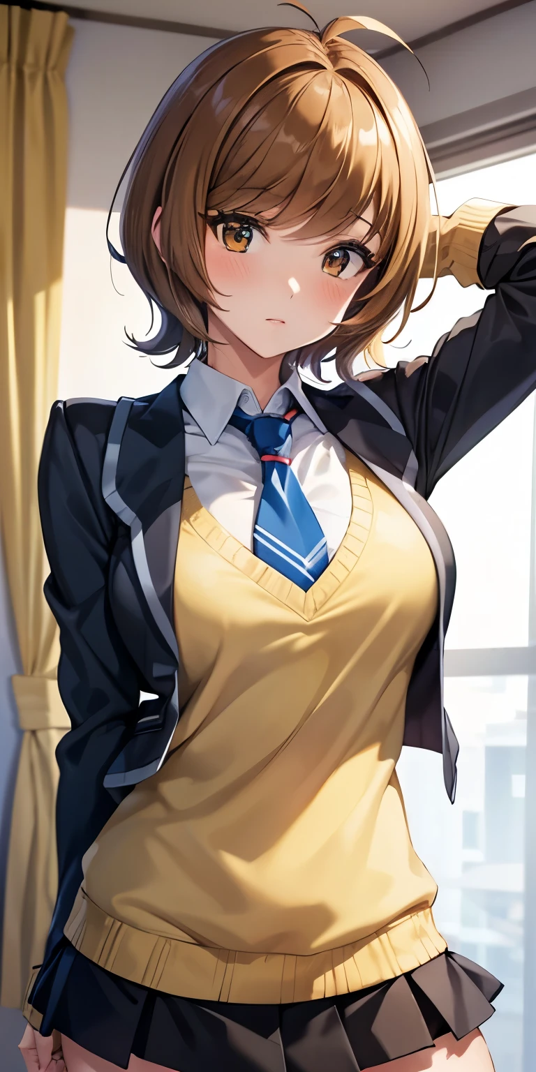 1 Female,High definition,high resolution,Ultra-realistic,8K, hmza, short hair, antenna hair, brown eyes, school uniform, blue necktie, yellow shirt,black jacket, long sleeves, black skirt,tight skirt, ((miniskirt)), large breasts,European,sexy,Upper body close-up,Photographed from the front,Dynamic Angles,(blush), (medium tits) ,(arms behind head)