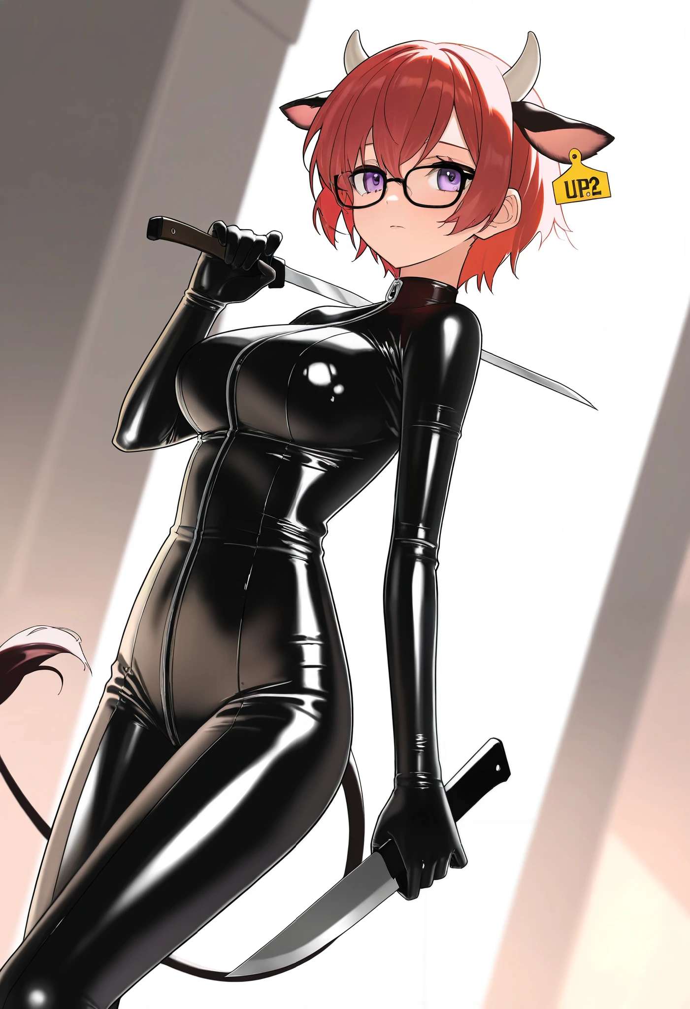 1girl, cow girl, cow ear, red hair, short hair, glasses, purple eyes, latex suit, knife in hand