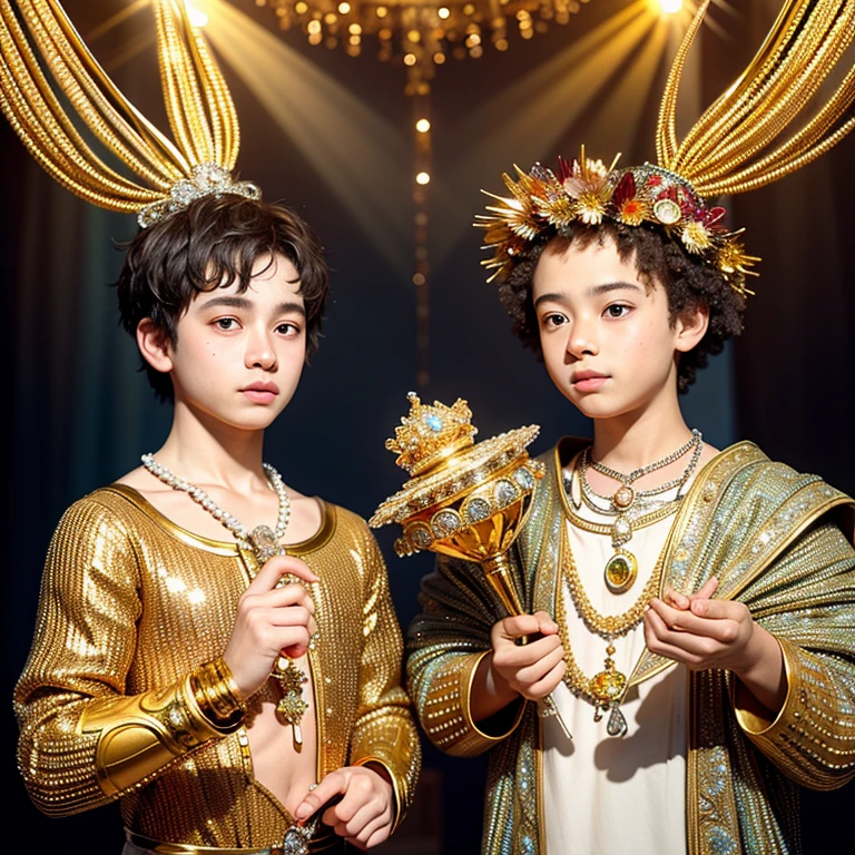  masterpiece fails,  high quality , Close-up of 2 boys against a background of sparkling jewels in artistic gold vessels, adorned with precious stones , diamonds , pearl , sun rays sparkle , reflecting off all this splendor , like laser beams , just fantastic !  very detailed ,  Colorful , The most detailed