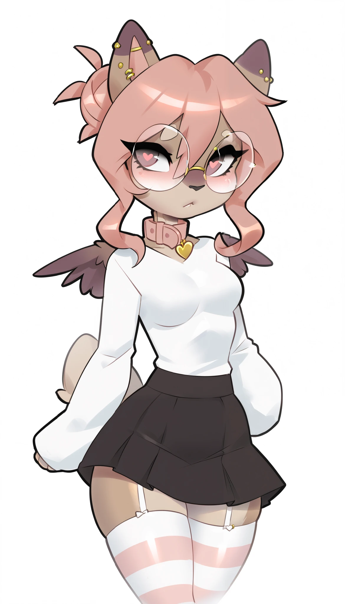 Hazel Typh, 1girl, best quality, furry, brown fur, pink hair, animal ears, gold piercing, heart-shaped pupils, animal nose, pink eyes, hair bun
white sweater, pink collar, black skirt, white thighhighs, stripped thighhighs
gold glasses, round glasses
tail, wings, seductive, miles-df