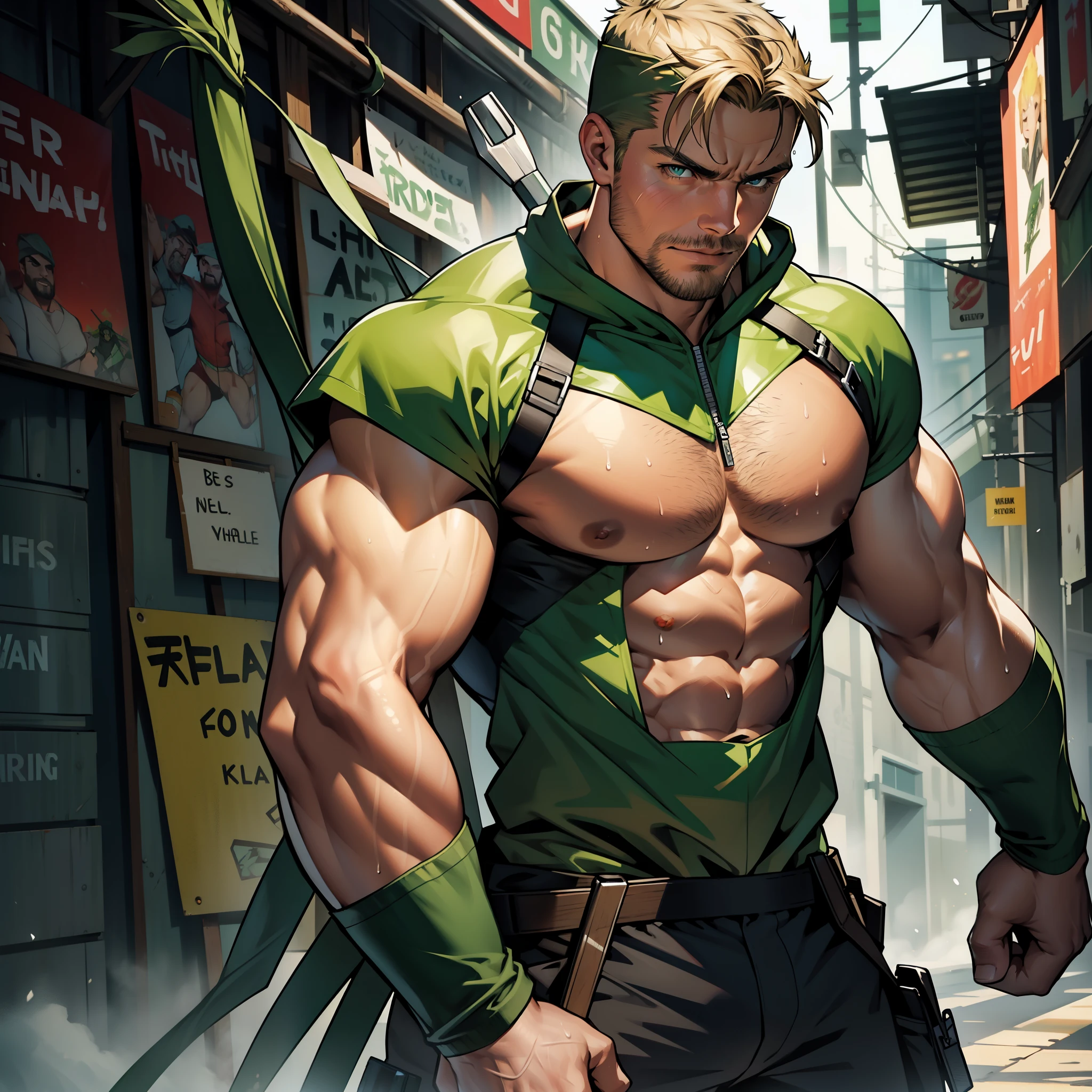 Nsfw , ?????,8k, high quality , detailed face , detailed fingers ,detailed muscles, (((stephen AMELL))) as green arrow , totally ????? , no cloth, showing balls and a hard ????, , showing a dark blond short hair , a thick facial hair , hard nipples, ,hunk and handsome, shooting with his bow and arrow toward the enemy , with the quiver on his back full of arrows on the roof , spread legs