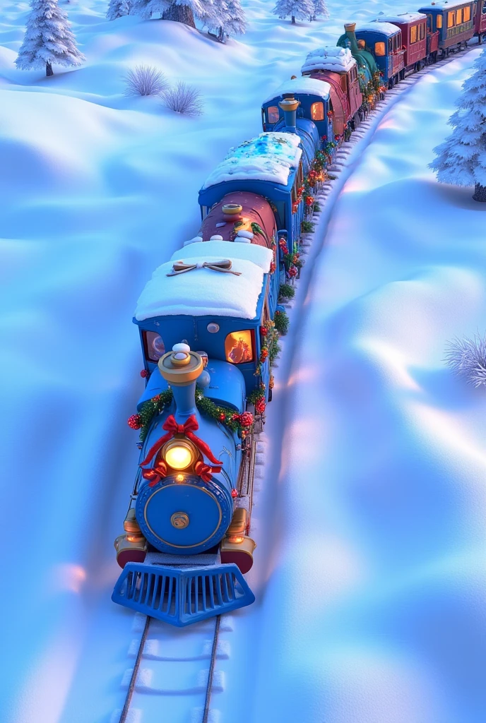 A top-down Pixar-style cartoon shot of a fully blue Christmas train cutting through a vast snowy meadow. Each wagon, painted a consistent vibrant blue, is wrapped with glowing garlands and decorated with shiny red bows and festive ornaments. The untouched snow stretches across the meadow in smooth, rolling hills, with faint trails from animals crisscrossing the landscape. The train’s golden-lit frosted windows add a touch of warmth, while snowflakes drift gently through the crisp winter air. The blue train creates a striking contrast against the endless white snow, emphasizing its magical presence in the serene scene.
