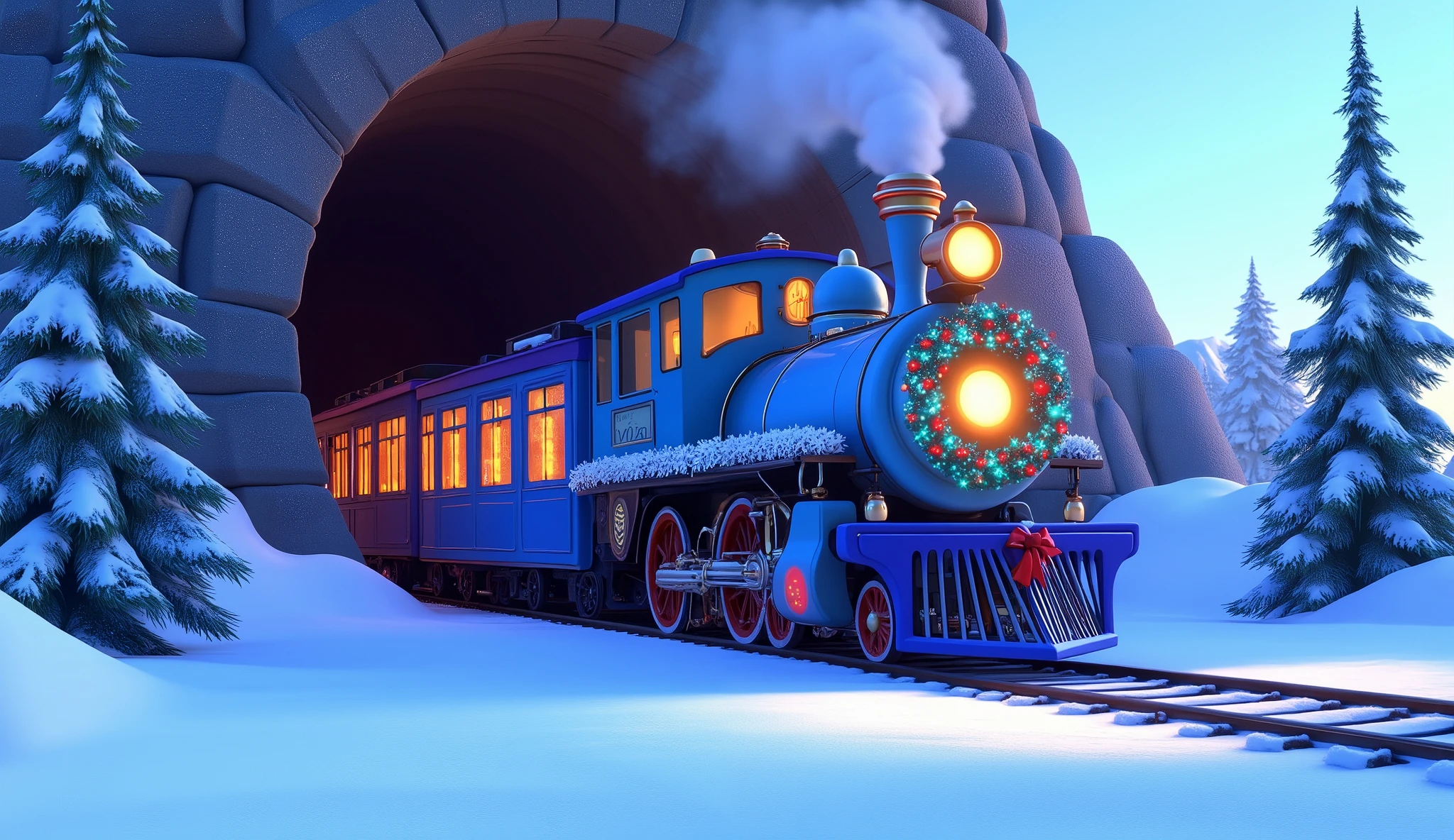 A wide Pixar-style cartoon shot of a blue Christmas train emerging from a snow-covered tunnel carved into the side of a towering mountain. The train’s bright blue wagons are adorned with glowing garlands, festive ribbons, and shining ornaments that sparkle against the frosty rock walls.  

The locomotive’s chimney releases a puff of white smoke that blends into the falling snow, while the frosted windows of the train emit a cozy golden glow. Around the tunnel, tall pine trees cling to the mountainside, their branches weighed down with thick layers of snow.  