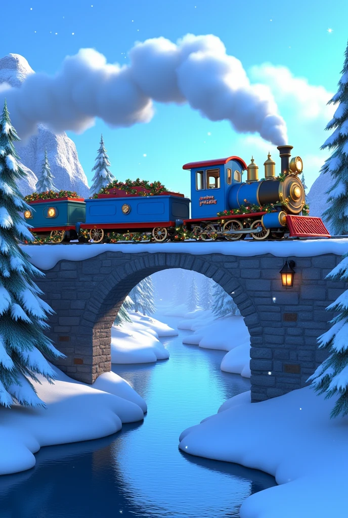 An aerial Pixar-style cartoon shot of a blue Christmas train crossing a tall, arched bridge over a frozen river in the heart of a snowy Winter Wonderland. The train’s wagons, fully decorated with garlands and twinkling lights, stretch gracefully across the bridge as white smoke from the chimney swirls into the crisp air. Below, the icy river reflects the pale blue sky and the towering snow-dusted pine trees lining its banks. The train’s glowing windows stand out against the serene white landscape, while snowflakes fall gently, enhancing the peaceful holiday atmosphere.
