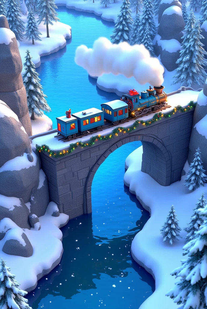 An aerial Pixar-style cartoon shot of a blue Christmas train crossing a tall, arched bridge over a frozen river in the heart of a snowy Winter Wonderland. The train’s wagons, fully decorated with garlands and twinkling lights, stretch gracefully across the bridge as white smoke from the chimney swirls into the crisp air. Below, the icy river reflects the pale blue sky and the towering snow-dusted pine trees lining its banks. The train’s glowing windows stand out against the serene white landscape, while snowflakes fall gently, enhancing the peaceful holiday atmosphere.
