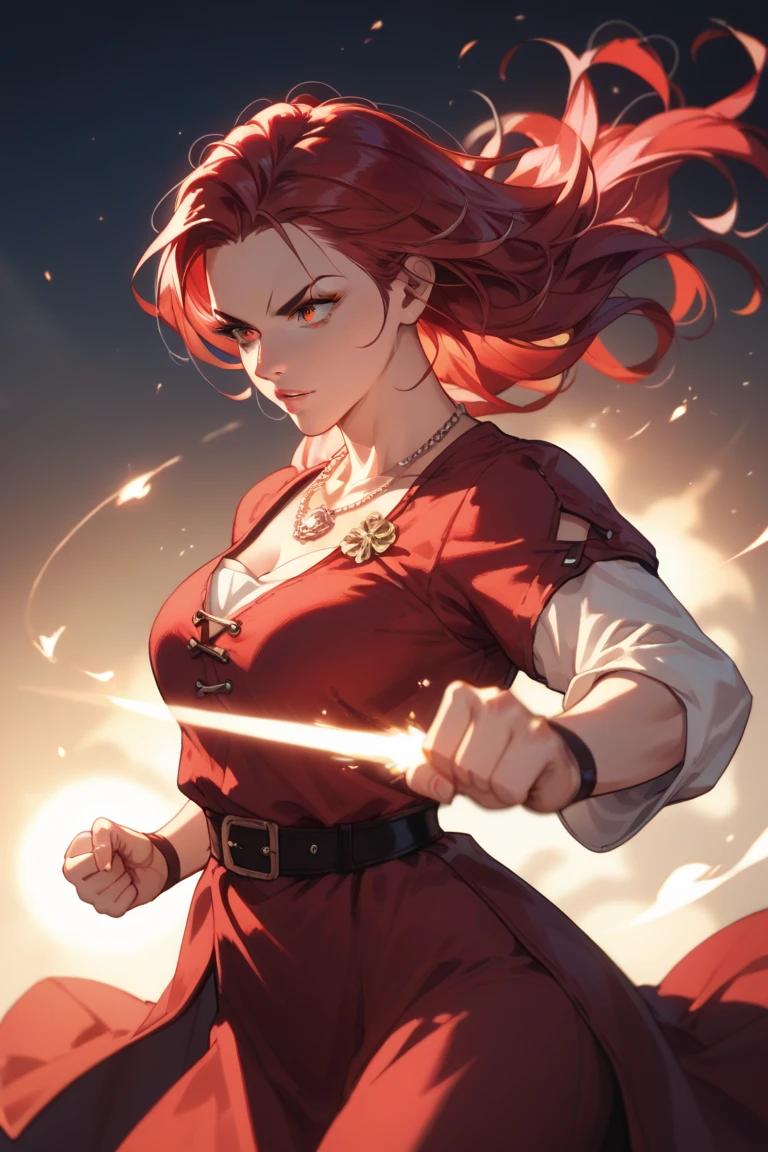 woman long rich red hair, tunic, glowing beams of light extending from hands, fighting stance, necklace