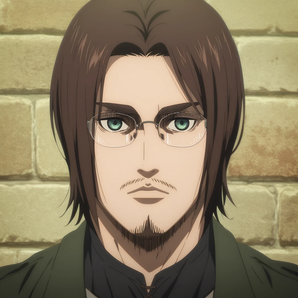 adult man, Does he have a handsome facial long beard , On a thin beak, His eyes are grey, serious look, with glasses,  dark brown hair ,  medium hair, black shirt,  anime style  , attack on titan, type of animation map.  full body, a single character,  HIGH QUALITY,  looking at the spectator, The beard is a lumberjack type,  white background,  male anime character,  Detailed anime character art ,  official art , rostro de adult man 
