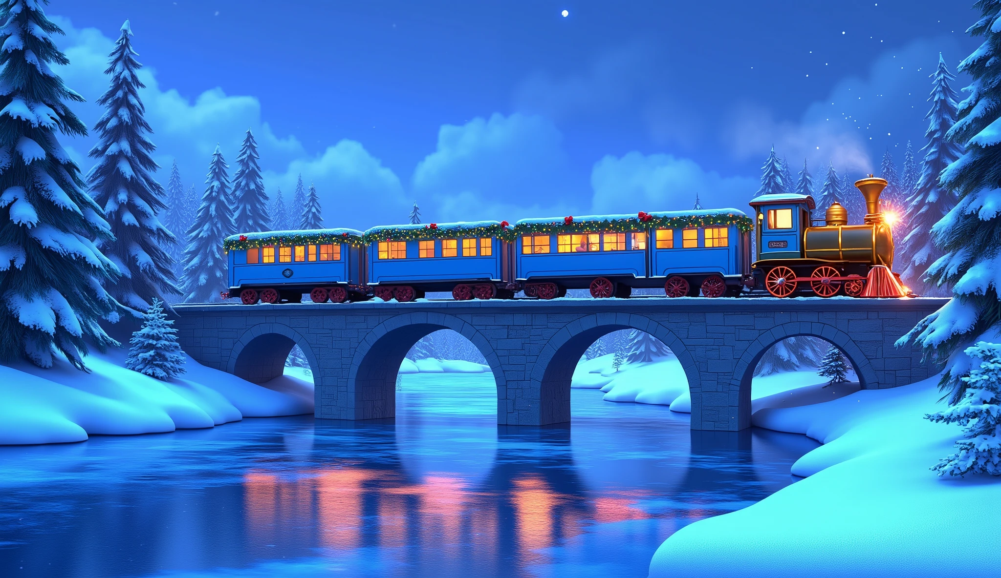 A wide Pixar-style cartoon shot of a fully blue Christmas train crossing a tall, snow-dusted bridge over a frozen river. Each wagon, painted a consistent vibrant blue, is covered with glowing garlands, twinkling fairy lights, and festive red bows.  

Below, the frozen river reflects the frosty blue of the wagons, creating a magical winter symmetry. Snow-covered pine trees and softly falling snowflakes frame the bridge, while the glowing frosted windows of the train add warmth to the icy scene.  