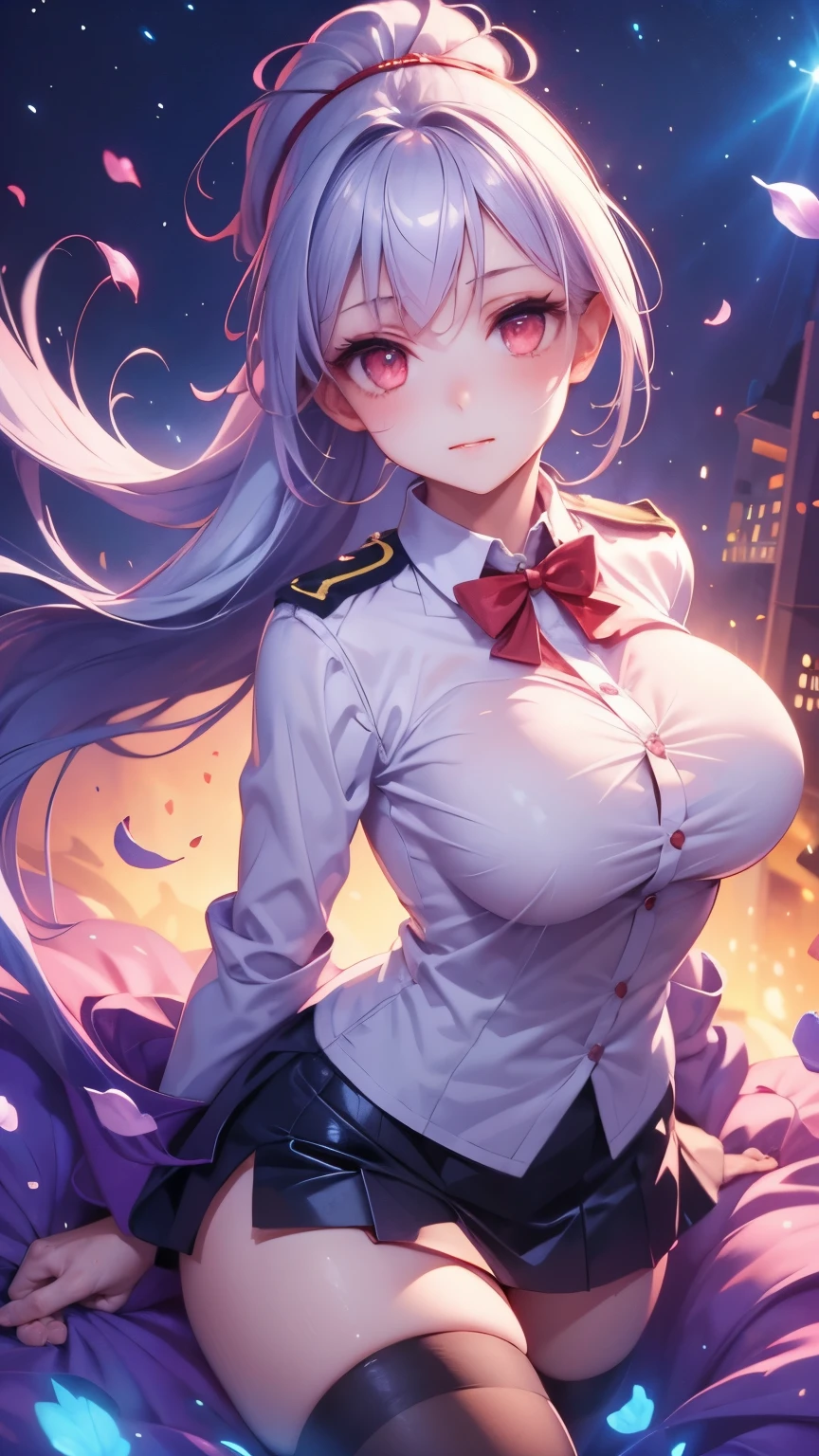  top quality, masterpiece,, Illustration,  wallpaper, 1 girl in uniform, Alone,  school uniform,  white shirt,  black skirt, Light Hair,  semi-long hair,  beautiful detailed girl ,  highly detailed eyes and face ,  beautiful detailed eyes in atata, shy, nature_illumination, Shine,nsfw, clean null,  watches viewers,  outdoor, night null, star (null),  loafers,  black stockings, blue bowtie,   straight hair, Purple petals, Purple and blue flowers,  red eyes,  ponytail, Blue Ribbon,Gray Hair, thick_Thighs,  Big Breasts, red eyes,