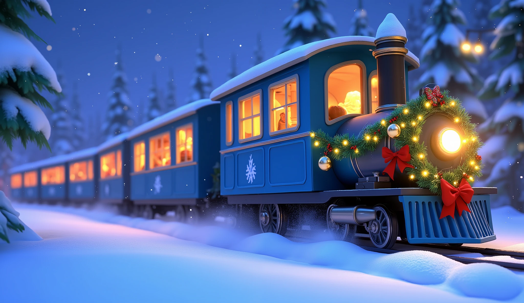 A side-profile Pixar-style cartoon shot of a fully blue Christmas train running smoothly on snow-covered tracks. Every wagon, painted a bright, frosty blue, stretches horizontally across the frame. The festive decorations include glowing fairy lights, garlands with shiny baubles, and neatly tied red bows, adding vibrant holiday cheer.  

The frosted windows on each wagon glow softly, revealing cozy, golden-lit interiors. Snow sprays up dramatically from the steel wheels as the train glides forward, while blurred pine trees and falling snowflakes frame the motion-filled scene.  