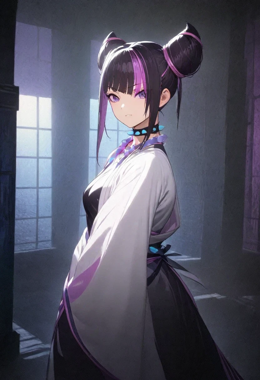 (masterpiece, best quality:1.2), 1girl, solo, Juri Han from Street Fighter 6, Standing in the center of a dimly lit room is Juri. Her hair is styled into two large buns on either side of her head, with pink and purple streaks adding a pop of color to her dark locks. She looks directly at the camera, her expression serious but intriguing. She is dressed in an outfit that contrasts sharply with the muted tones of the room. The top half of her body is white, adorned with pink and purple accents that echo the colors of her hair. A choker around her neck adds a touch of elegance to her look. The background is blurred, drawing the focus to her, but it appears to be an indoor setting with large windows letting in natural light. The overall atmosphere suggests a scene from a video game or a stylized photograph.