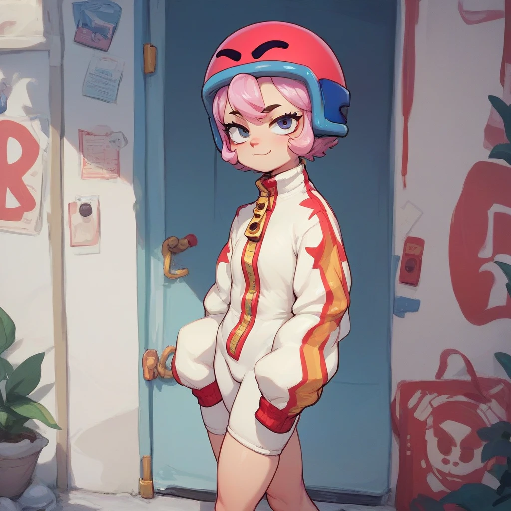 bsbonnie ,  1girl, pink hair, short hair, solo , white bodysuit, red helmet, zipper, zipper pull tap,score_9, score_8_up, score_7_up, source_anime , solo  ,closed mouth, sleeves past wrists, naughty face , looking at viewer, perfect legs, from behind, standing, 