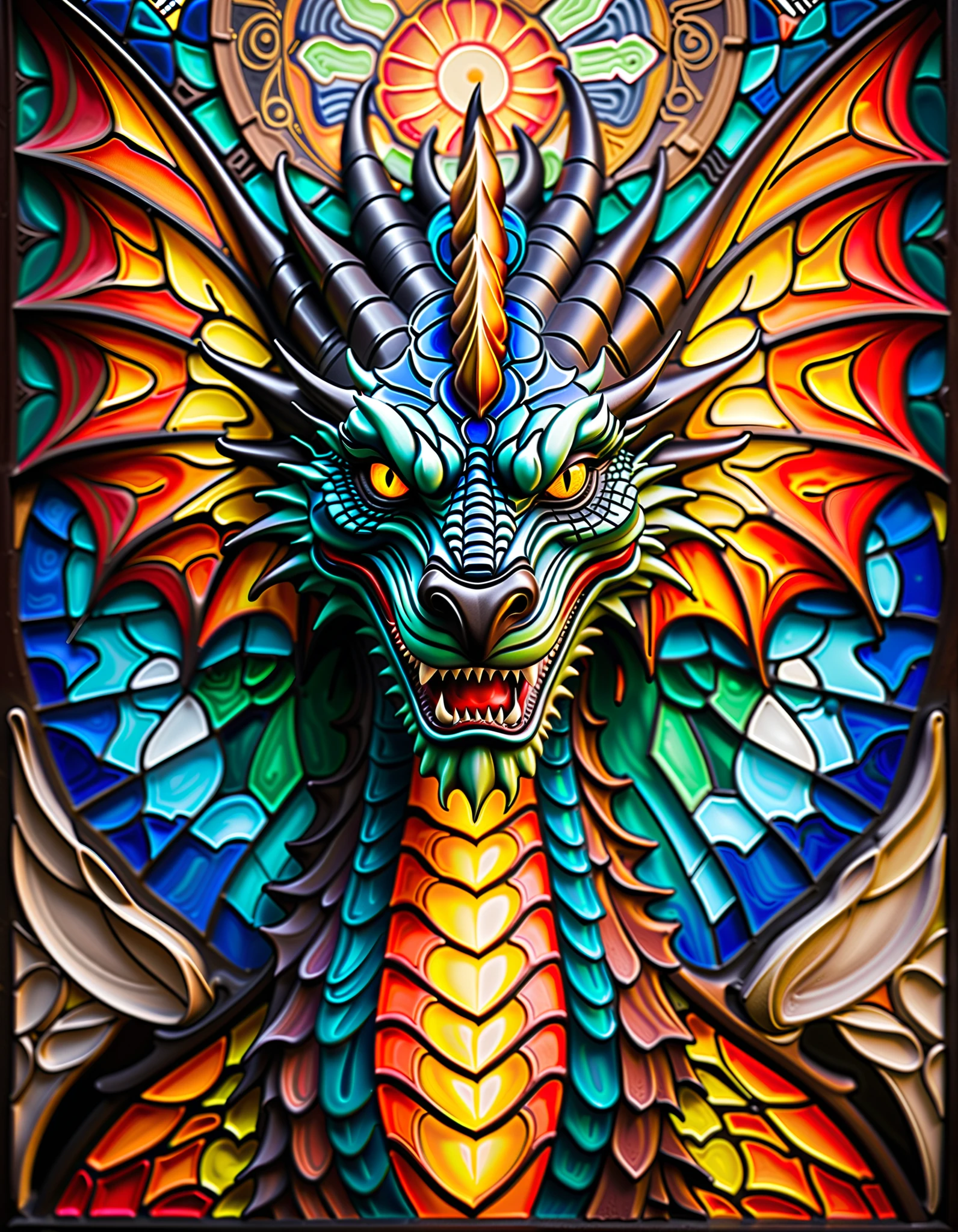 Front-facing dragon face painting on colorful background, Garen Dara's mosaic , Shutterstock, psychedelic art , stained glass art, maxim verehin stained glass, fire stain glass , stained glass, Colorful Glass Art , stained glass, Dragon Art, stained glass!!, glowing stained glass backdrop, intricate stained glass, Detailed Color, Colorful and detailed art, Large colorful images、 Photorealistic Textures