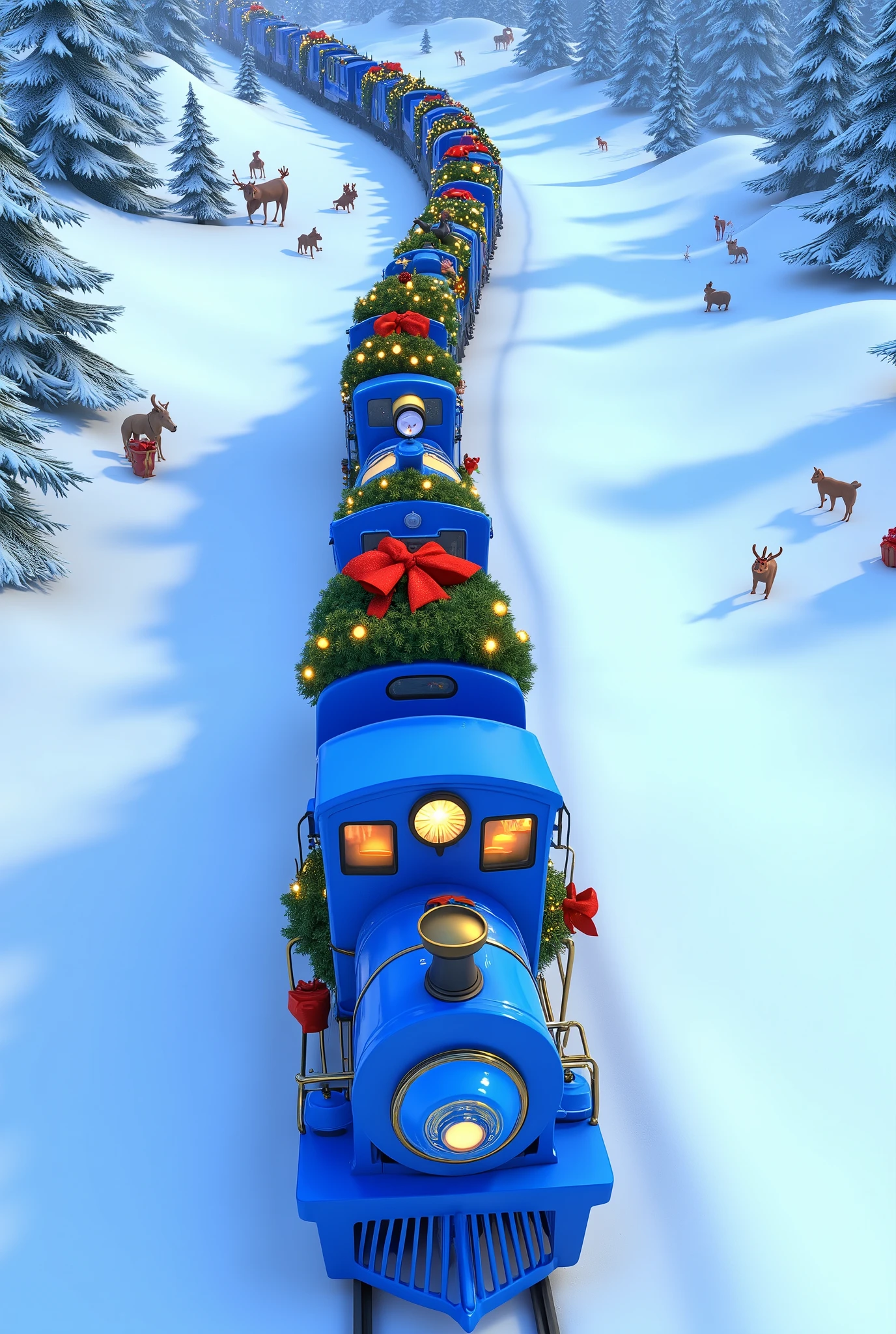 A top-down Pixar-style cartoon shot of a fully blue Christmas train cutting through a vast snowy meadow. Each wagon, painted a consistent vibrant blue, is wrapped with glowing garlands and decorated with shiny red bows and festive ornaments. The untouched snow stretches across the meadow in smooth, rolling hills, with faint trails from animals crisscrossing the landscape. The train’s golden-lit frosted windows add a touch of warmth, while snowflakes drift gently through the crisp winter air. The blue train creates a striking contrast against the endless white snow, emphasizing its magical presence in the serene scene.
