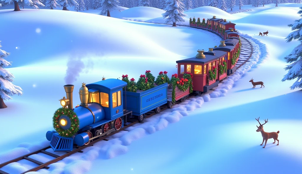 A top-down Pixar-style cartoon shot of a fully blue Christmas train cutting through a vast snowy meadow. Each wagon, painted a consistent vibrant blue, is wrapped with glowing garlands and decorated with shiny red bows and festive ornaments. The untouched snow stretches across the meadow in smooth, rolling hills, with faint trails from animals crisscrossing the landscape. The train’s golden-lit frosted windows add a touch of warmth, while snowflakes drift gently through the crisp winter air. The blue train creates a striking contrast against the endless white snow, emphasizing its magical presence in the serene scene.
