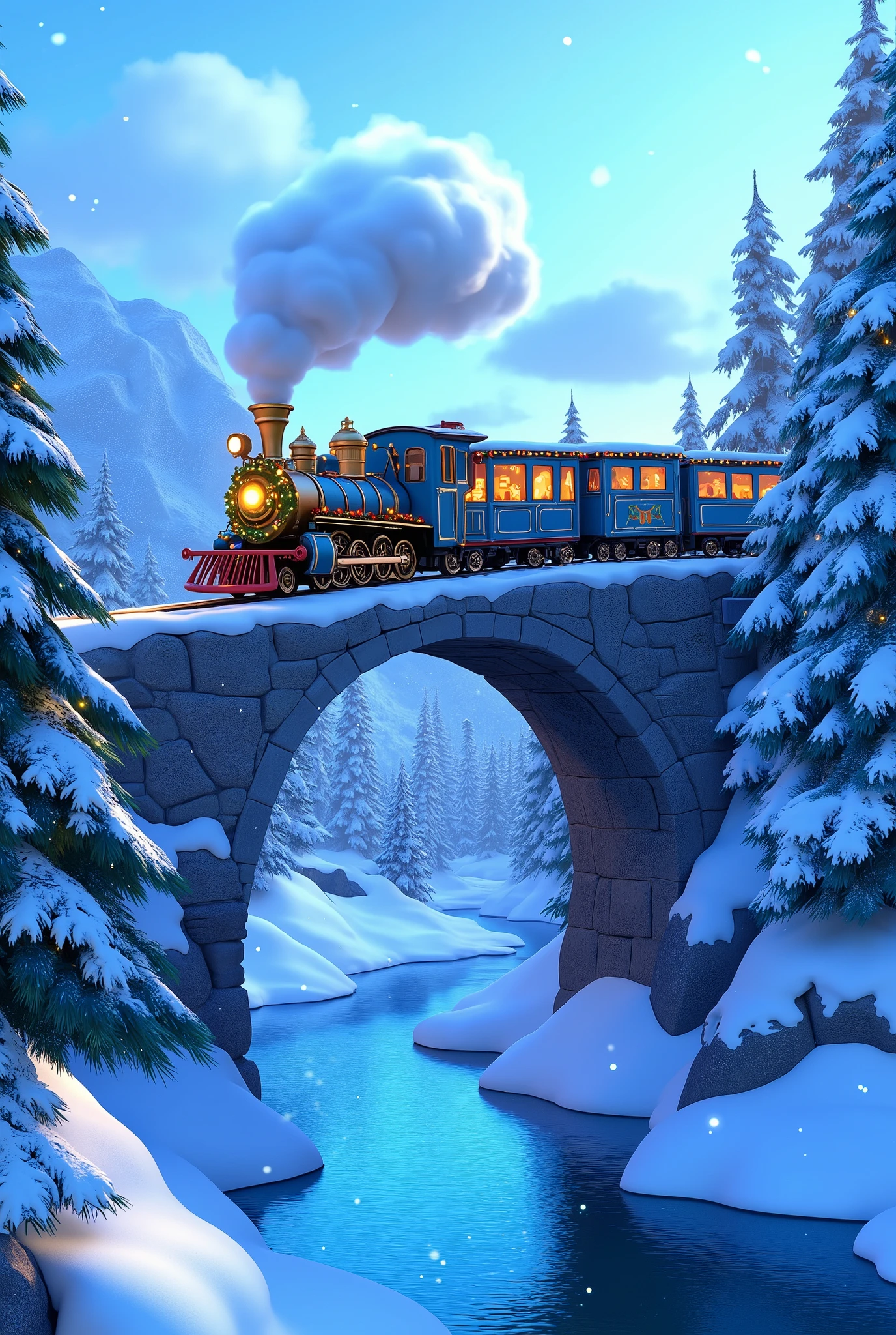 An aerial Pixar-style cartoon shot of a blue Christmas train crossing a tall, arched bridge over a frozen river in the heart of a snowy Winter Wonderland. The train’s wagons, fully decorated with garlands and twinkling lights, stretch gracefully across the bridge as white smoke from the chimney swirls into the crisp air. Below, the icy river reflects the pale blue sky and the towering snow-dusted pine trees lining its banks. The train’s glowing windows stand out against the serene white landscape, while snowflakes fall gently, enhancing the peaceful holiday atmosphere.
