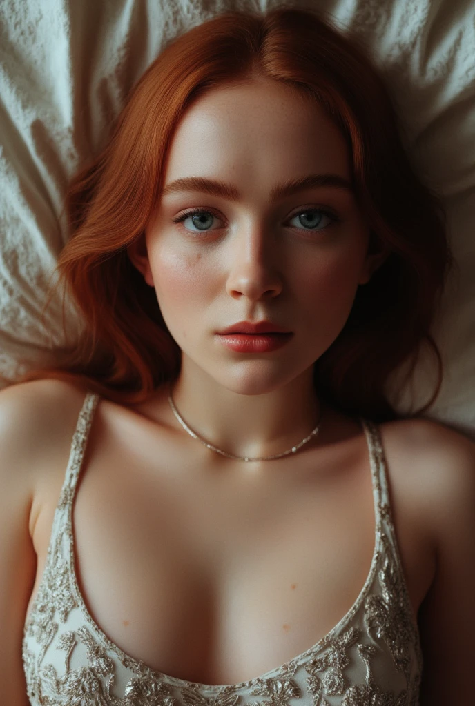  Ultra realism,  photorealistic,  Cinematic photo of a beautiful and sexy red-haired 18-year-old Russian school girl, Lying doggy style in bed 
