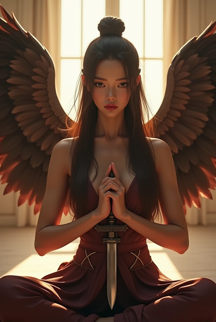 (absurd, High resolution, Super detailed), 1 girl, alone, very fine eyes, (official art, beauty and aesthetic: 1.2), (fractal art: 1.3), red color scheme, most detailed angel goddess large wings God Goraiko Omniscient and omnipotent Holding a wand wizard archangel dragon tattoo tattoo