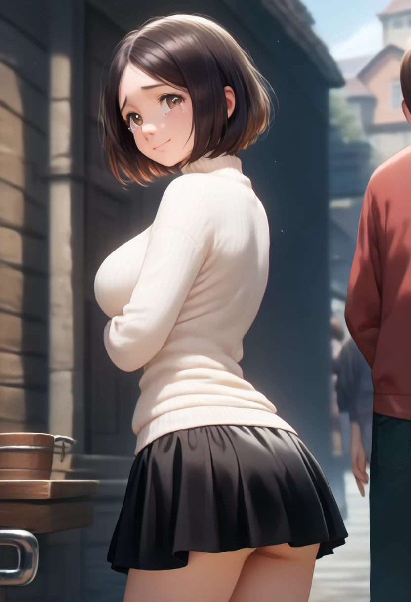  score_9, score_8_up, score_7_up,masterpiece, top quality,  source_Anime,  realistic , super detailed, Extremely detailed, rating_Explicit, 
1人の girl,  lean forward ,  arched back ,  From behind , Look Behind,  cowboy shot,
 girl, 22 years old,  short hair,  bob cut , , (Butchoukami ),  black hair, (Tears,  Detailed Pretty Brown Eyes),   curled eyelashes , ( Big Breasts:0.8),
 shiny hair,  beautiful detailed eyes in atata,  beautiful face,
 It's a white knitted sweater ,  turtleneck sweater ,  LIVE stage {x} leather micro mini skirt, (impossible clothes:1.4), Thighs, 
 embarrassing, , frown,   forced to smile ,
 outdoor, street, autumn