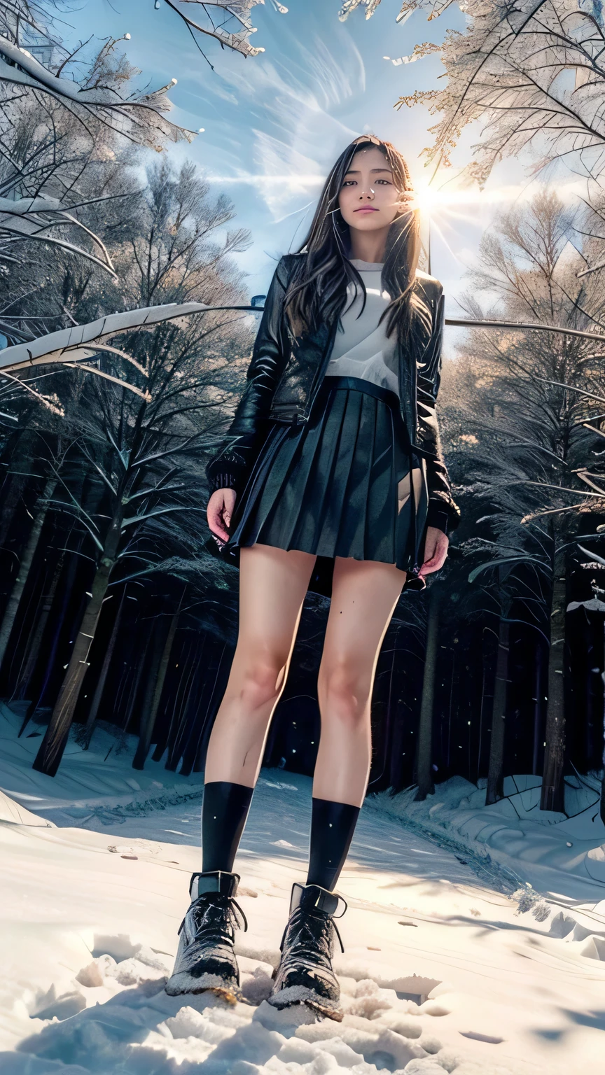 Arafed woman in a black skirt and boots standing in the snow - SeaArt AI