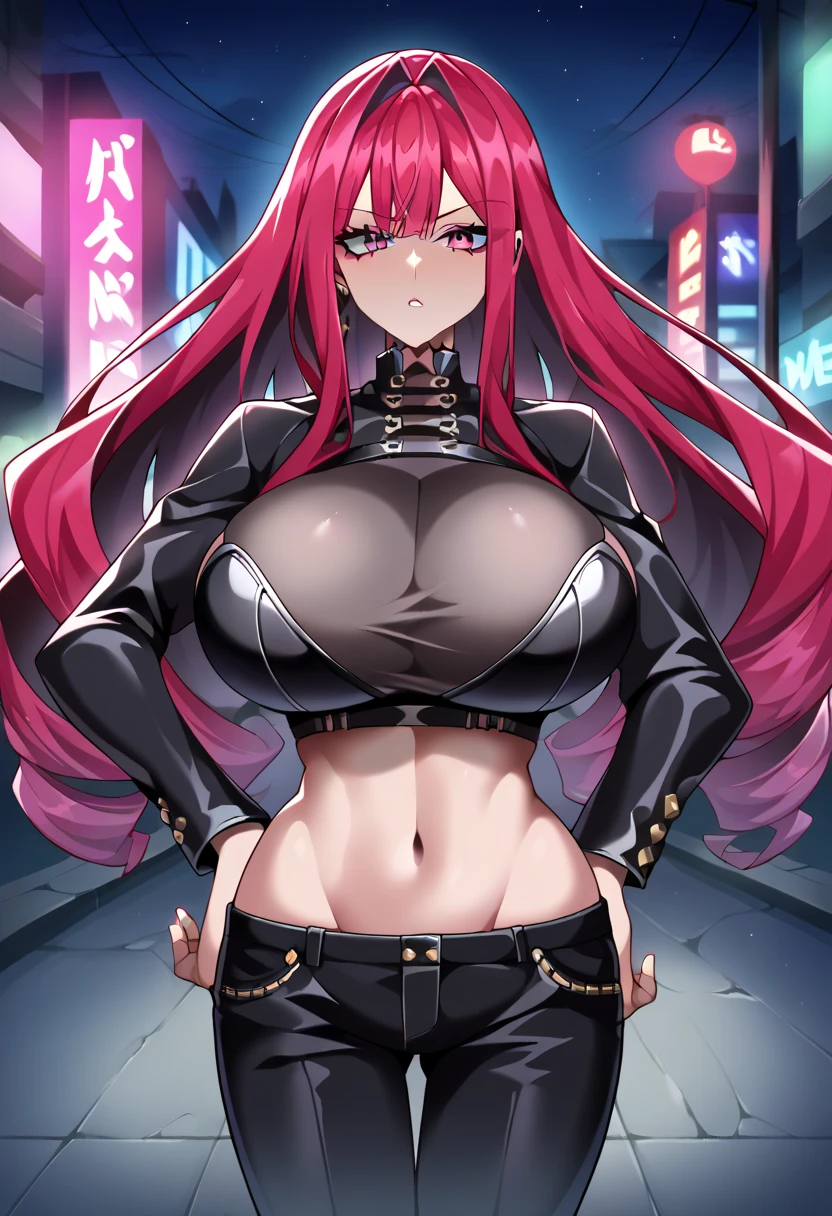 Masterpiece,2D,sharp focus,4K,8K,source_anime, 1girl, anatomically correct, beautiful woman, top quality, ultra definition, unreal anime girl, Hz style,focus girl, baobhan sith(fate grand order), bright skin, pink hair, red hair, long hair, black leather shirt, crop top, belly, navel, long-sleeved, black leather pants, emotionless face, curvy body, bimbo body, very big breasts, huge breasts, large breasts, huge breasts:2.7, gigantic breasts, thick breasts, front view, looking at viewer, close up, nighttime, night atmosphere, dark atmosphere, in night city, neon light, street, hand on hip