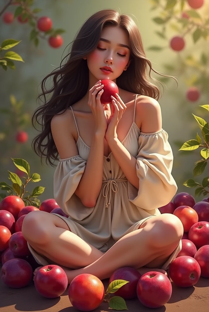 hyper photorealistic, cute magic woman, in sunny autumn European garden, (18 years), (detailed face and eyes), full body portrait, (extremely sexy), Masterpiece, pleasure, nudist, small breasts, expression enjoyment, skyscape with clouds, retro environment, cinematic lighting, Brown hair, little smile, fine facial traits, Slim physique, (depth of field), ultra detailed, amazing shadows, ripe fruits, red apple
