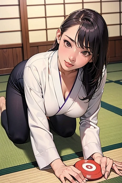 (((masterpiece, top quality, a high resolution, high detail))), (((modern Japan)), One, ((dojo)), ), big, brown-haired girl with ponytail, adult girl, Glasses, Curvy body, Sitting on the floor,  split, blouse, skirt, short hair, Saddled, Tight belly, Saddled, saddle, cowgirl position, intersecting, Female from above, leans on his hands, camera from below, judo, squeezed her thighs, submission, femdom, femdom, look at the viewer, foreground, Wide neckline on the chest, Living naked, suitable girl