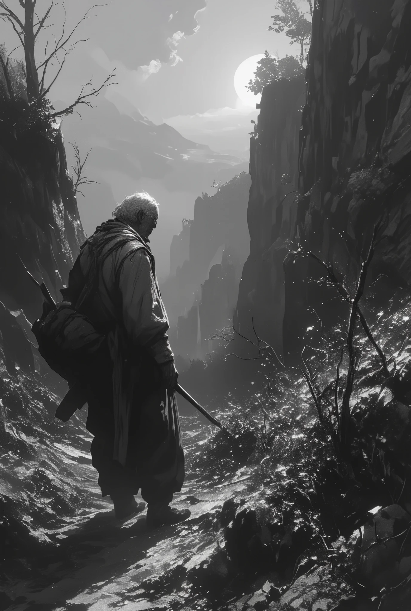 solo. tired, emaciated, wrinkled old man. look back and show face. walks down the ragged, steep path toward the back of the path. the far end of the path white-outed and lonely light fleetingly certainly shining. lonely journey ends there.dreary,drab,unimaginative. Solitude.alone.monochrome.from above.landscape