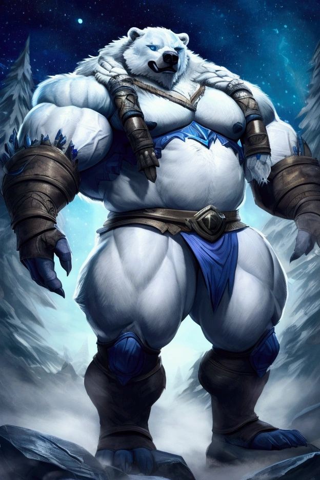 Alone, 1 polar bear, furry, white hair and dark blue ,  hair from belly to foot dark blue , eyes, bear tail, eyes, 5 fingers,  nails black claws,  Viking type braids ,  FULL BODY SHOWING , (Volibear lol), bodybuilder,  detailed muscles ,  defined muscles , Thick muscles,  defined abdomen ,  large upper muscles, large chest, more robust body ,  large lower muscles ,  well defined thigh muscles,  defined calves, 3,00 high, 700 kg of weight ,  Long legs, long arms, blue eye,  pupils white,  detailed eyes, detailed teeth, confident pose, pose sexy,  facing the spectator, close to the viewer, visão low angle do espectador embaixo do peitoral dele,  looking at the spectator, confident look, Smile half open, detailed teeth,  eyes half tight with horniness, spectator wearing a ripped , 88 tall ,  snowy forest at night , The northern lights, take the key,  a bit of mysterious fog , moonlight, take the key, 4K,  good resolution ,  Perfect Anatomy ,  great quality , masterpiece,  good lighting , imposing shadows, por hachi duchi, for darkgem, por racoon21, front focus, low angle