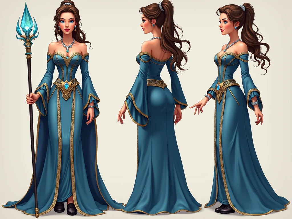 a cartoon of a woman in a blue dress with a tiable, wearing fantasy formal clothing, !!full body portrait!!, in a fancy elaborate dress, full body close-up shot, full body illustration, royal elegant pose, d & d style full body portrait, garbed in a purple gown, medieval princess, full body!, regal pose, flat cel shading mucha