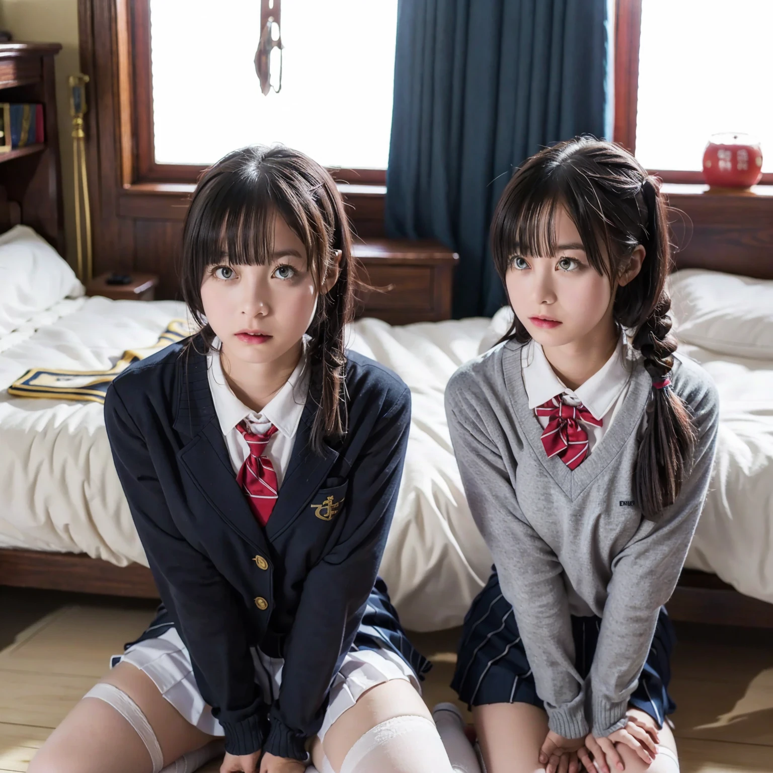 masterpiece, best quality, illustration, Super detailed, fine details, High resolution, 8K,wall paper, perfect dynamic composition,(Details High quality, realistic depiction of eyes:1.3), (2 girls), High school girl uniform、blazer 、Super Short Check Uniform Skirt、Navy blue high socks、garterbelts、Colossal tits, sitting, open legs, short bob hair, in a hotel room in the background, deep on field, large breasts, black hair color, Big Natural Color Lip, (perfect body shape), crying a little、Harajuku style、20 year old girl、cute type、beautiful legs, Gravure Idol