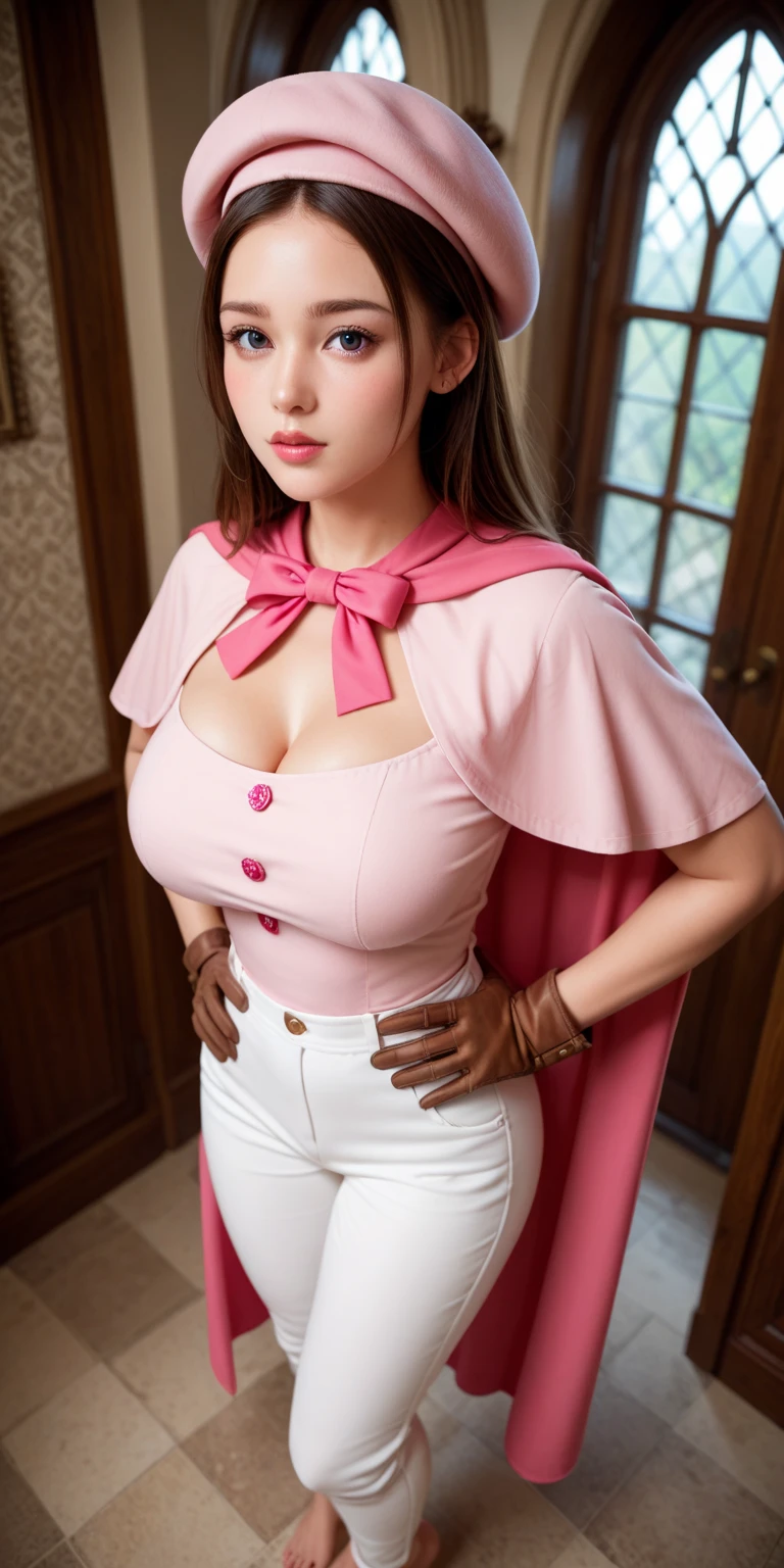 masterpiece, best quality, full body, barefoot, solo, female, big breast, feforrest, beret, pink capelet, pink tunic, white pants, brown gloves, upper body, looking at viewer, shy, from above, mansion, room, finely decorated room, pink theme, big breast but cover, hands to hip