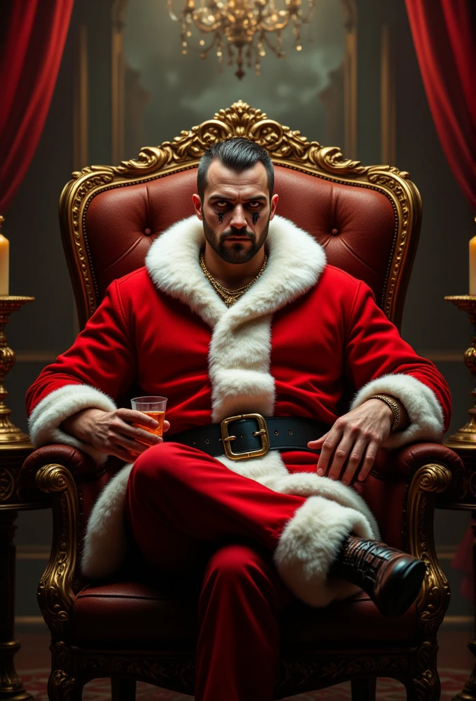  Neo-Baroque style ,  Oil Pastel Blend ,  best quality ,  aidmafluxpro1 .1,1 man, Santa Claus costume,  cheek scar ,  glowing eyes ,  holding cocktail ,  sitting on a heavy chair ,  stately pose , dangerous aura ,  ornate and luxurious setting,  warm and rich tones ,  intricate details,  dramatic lighting , intense expression,  smoky environment 