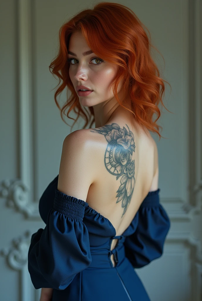 Photo of Redhead woman with gray lingerie, They have a tattoo on their left arm, He has his back turned and you can barely see his face