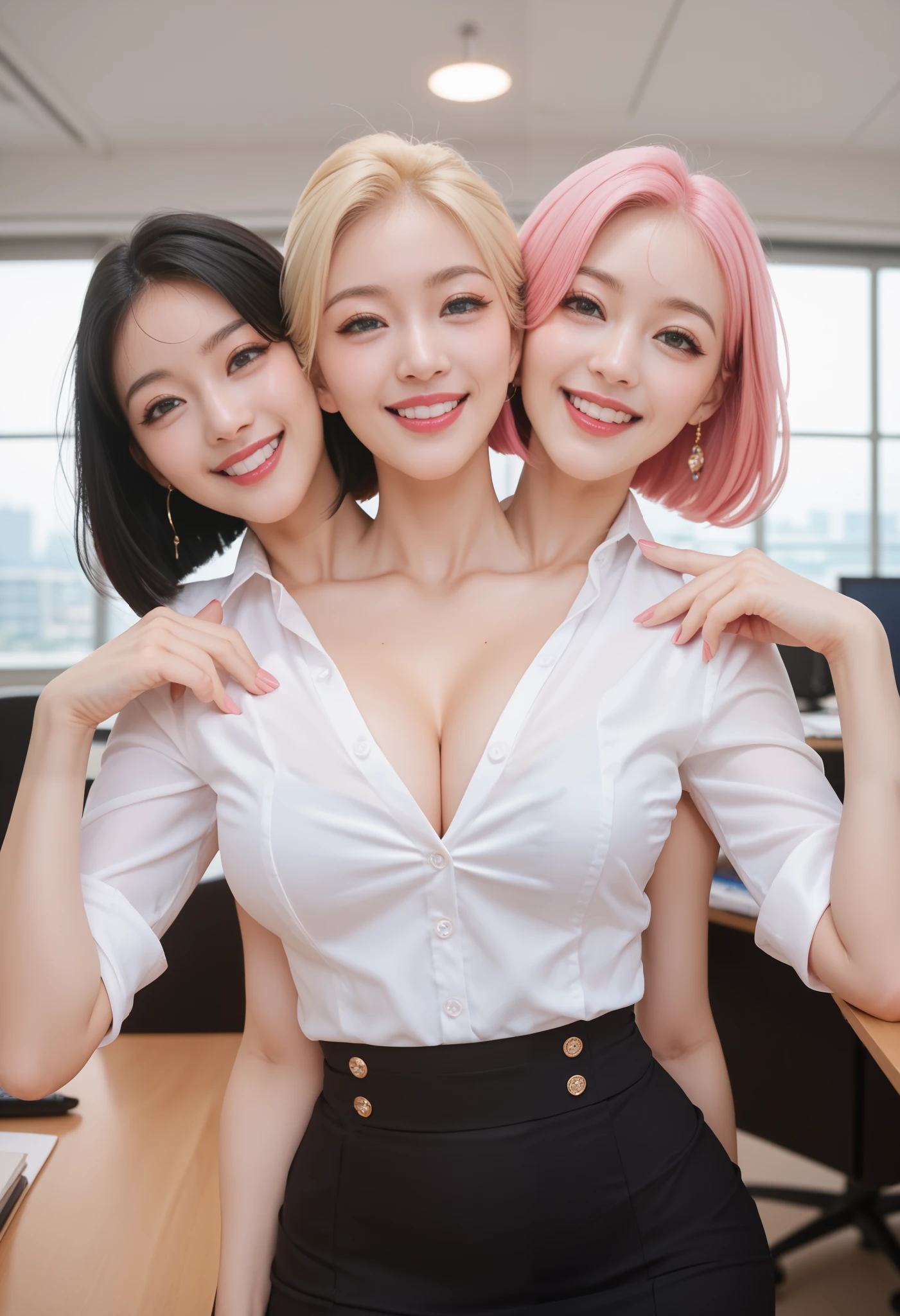 best resolution, conjoined, 3heads,  woman with three heads, tall, big chest, different hairstyles, pink hair, blonde hair, black hair, short hair, white button shirt, high-waist office skirt, smiling, extra arms