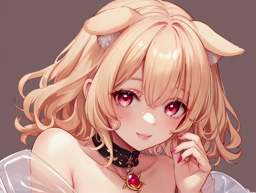 One girl,Sexy cute girl,Shiny gold platinum blonde hair, Bobcut,Curly Hair、Dog Ears、Red glowing eyes、Cute eyes with attention to detail,(Glowing Eyes:1.4),Laugh heartily,((Droopy eyes)),Golden Mini Dresses、Wink、smile、Chibi Character,