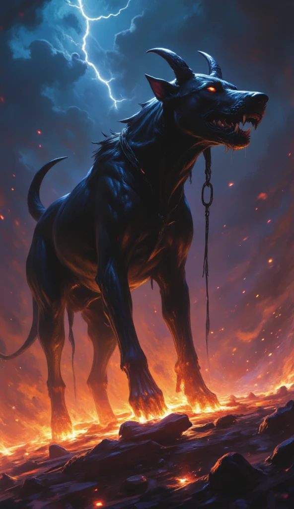 a three-headed black dog with flames, Cerberus ,  the helldog ,  fantasy art ,  intricate details,   highly detailed  ,  cinematographic lighting , Dark and gloomy atmosphere, rich colors,  dramatic shadows , powerful creature, Mythical Beast ,  digital painting ,  conceptual art,   masterpiece 