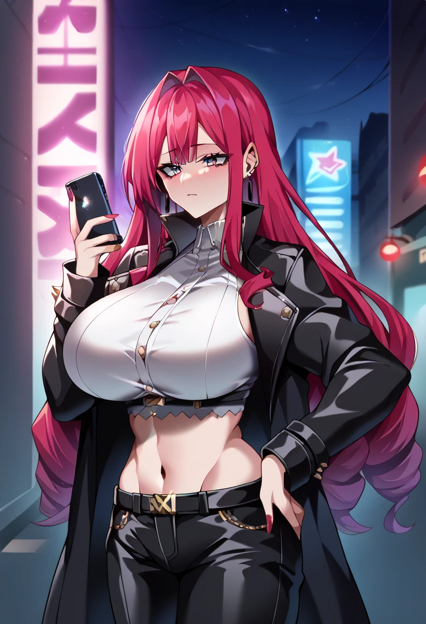 Masterpiece,2D,sharp focus,4K,8K,source_anime, 1girl, anatomically correct, beautiful woman, top quality, ultra definition, unreal anime girl, Hz style,focus girl, baobhan sith(fate grand order), bright skin, pink hair, red hair, long hair, black leather coat, loge sleeves coat, short coat, white crop top, belly, navel, black leather pants, emotionless face, curvy body, bimbo body, very big breasts, huge breasts, large breasts, huge breasts:2.7, gigantic breasts, thick breasts, front side view, holding a phone in right hand, looking at phone, close up, nighttime, night atmosphere, dark atmosphere, in night city, neon light, street, hand on hip