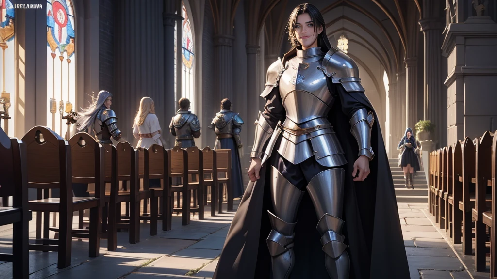 Holy Knight (Paladin)The woman and man of。Around 30 years old。 Warriors who value justice and order。Metal Armor and Sword 。 standing、whole body、smile。Cobblestone cityscape、church、Daytime。