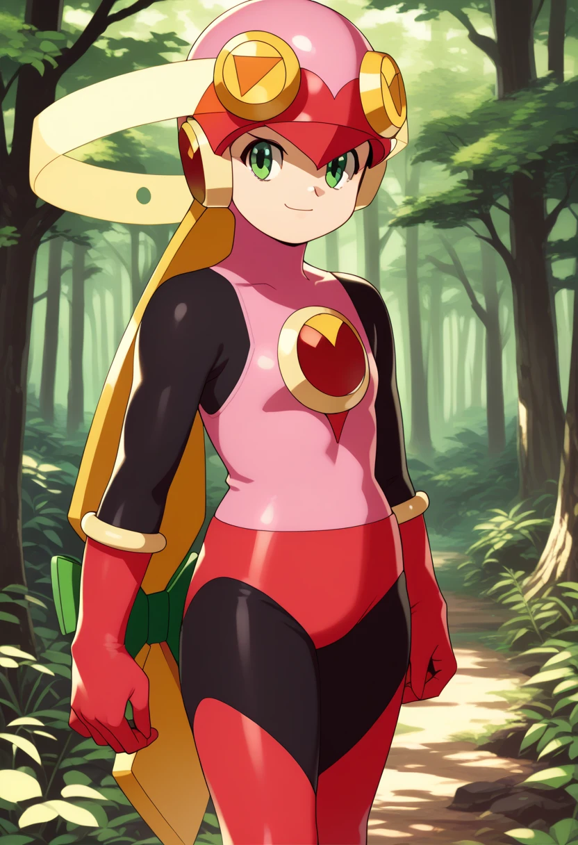 score_9, score_8_up, score_7_up, BREAK,
1girl, rollexe, helmet, green eyes, blonde hair, long hair,
bodysuit,
closed mouth, smile, solo, looking at viewer, trees, forest background