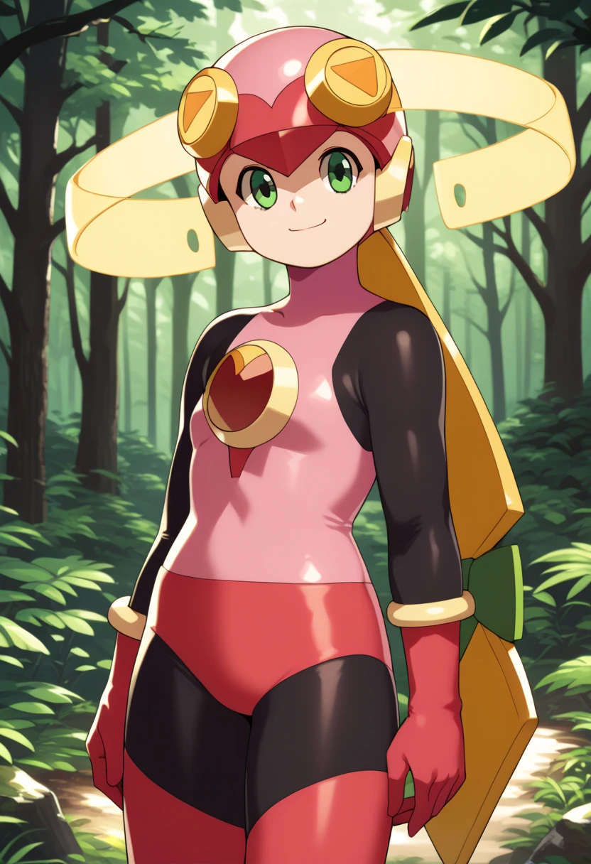 score_9, score_8_up, score_7_up, BREAK,
1girl, rollexe, helmet, green eyes, blonde hair, long hair,
bodysuit,
closed mouth, smile, solo, looking at viewer, trees, forest background