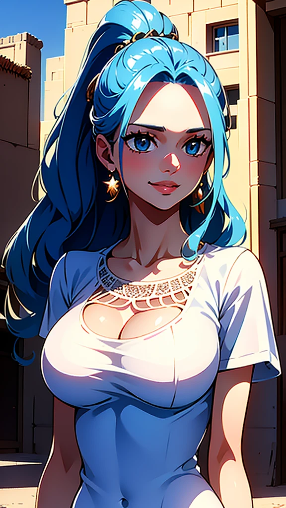 Masterpiece, ((Ultra detailed backgrounds, Delicate pattern, intricately details)), (Highly detailed, Fine details), Best quality, 1girll, Long hair, cleavage，Large breasts，Off-the-shoulder attire，Blue hair, Solo, jewelry, Earrings, pony tails, hair adornments, necklace, sky, Blue eyes, complex detailed background, outside, Sunny, desert town environment,  hair lift, with hands behind her back, Smile,sexyposture