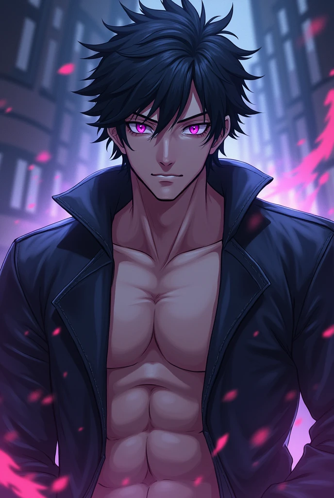 18-year-old guy, tall and very muscular, shirtless, with black and straight hair, a look full of anger, Purple aura with one black eye and red pupil, with shoto todoroki&#39;s design.
